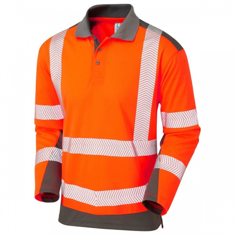 Leo Workwear P15-O/GY Wringcliff EcoViz Coolviz Plus Sleeved Polo Shirt Orange/Grey